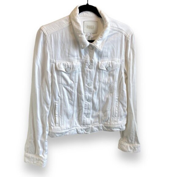 PAIGE Jean Jacket Women's Medium White Denim Rowan Button Up - Picture 2 of 7